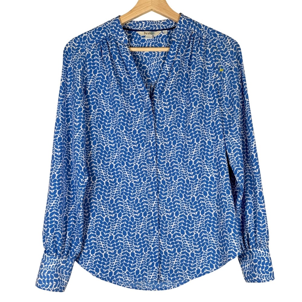 Boden Blue White Leaf Print V-Neck Long Sleeve Blouse Womens Size US 2 UK 6